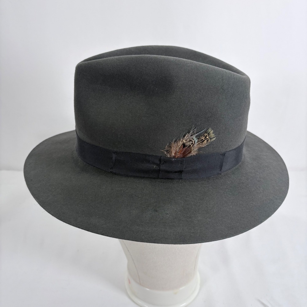 Stefeno Wool Fedora Hat Dark Gray Grograin Ribbon Band Feather Mens XL